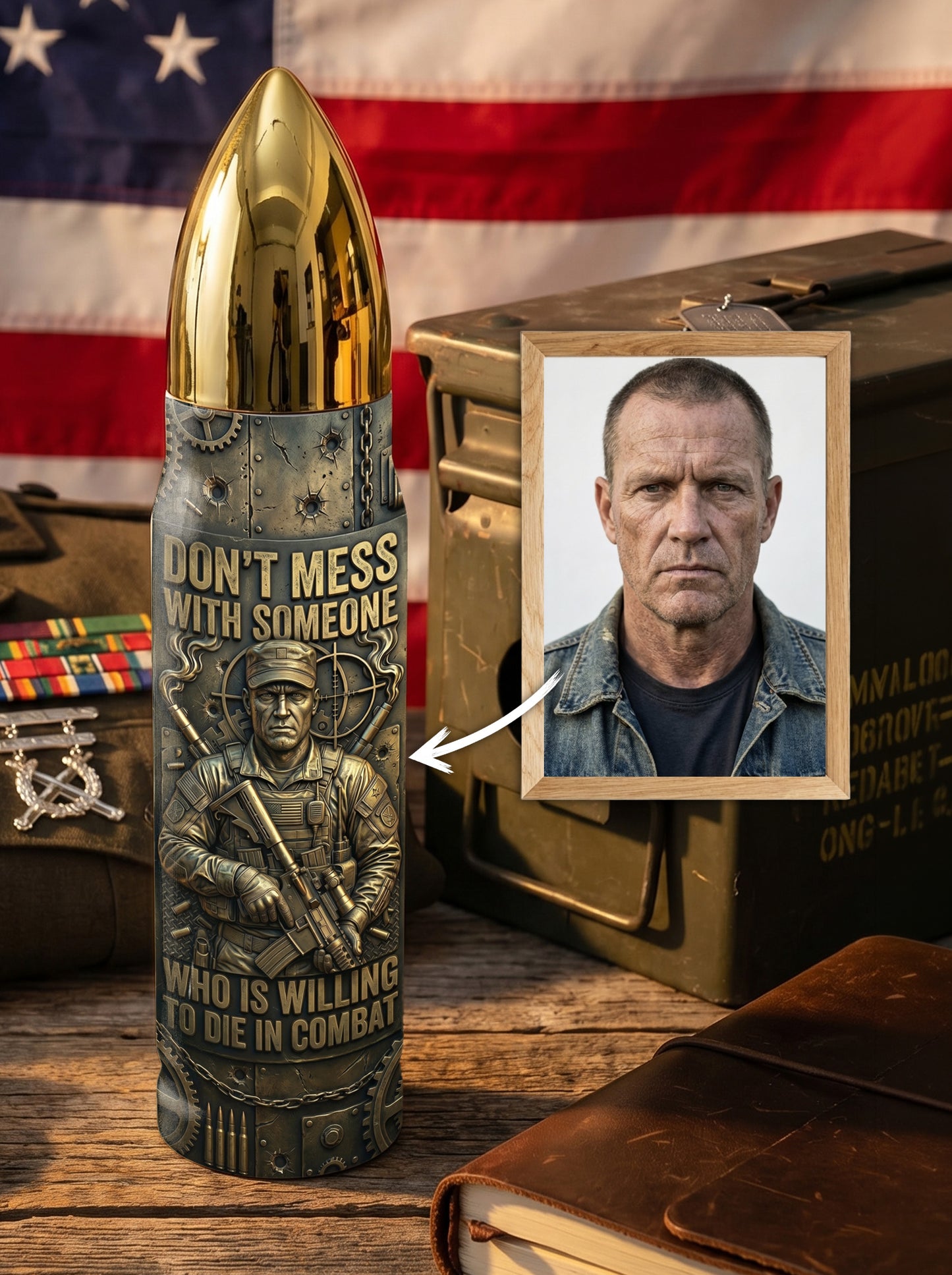 Personalized Custom Photo US Veteran Insulated Vacuum Bullet Bottle