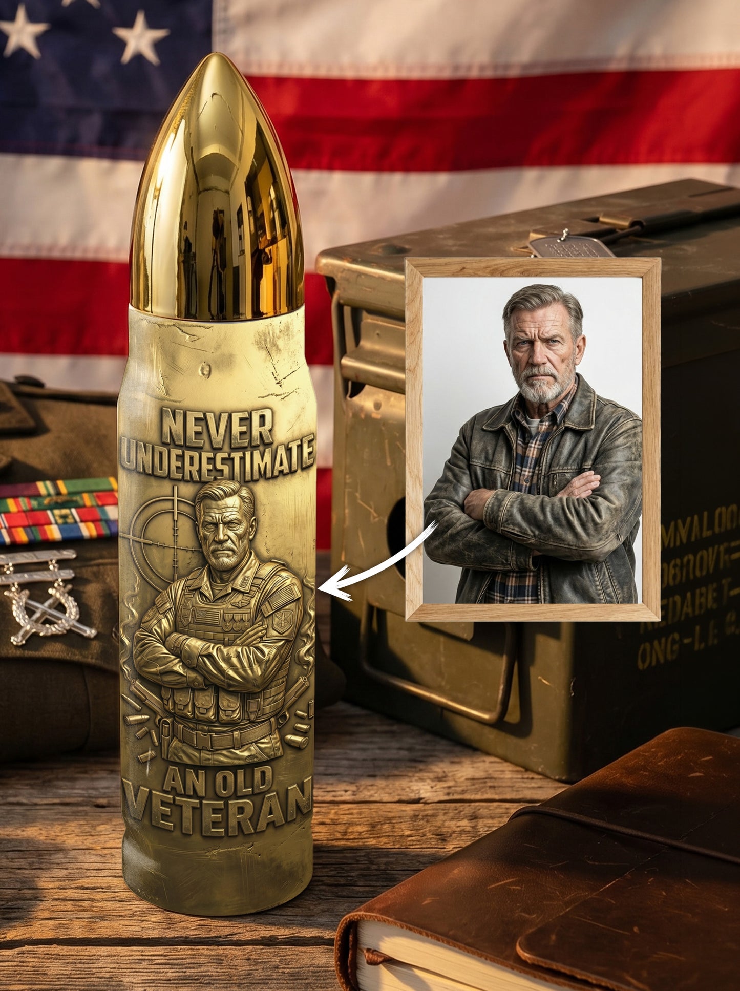 Personalized Custom Photo US Veteran Insulated Vacuum Bullet Bottle