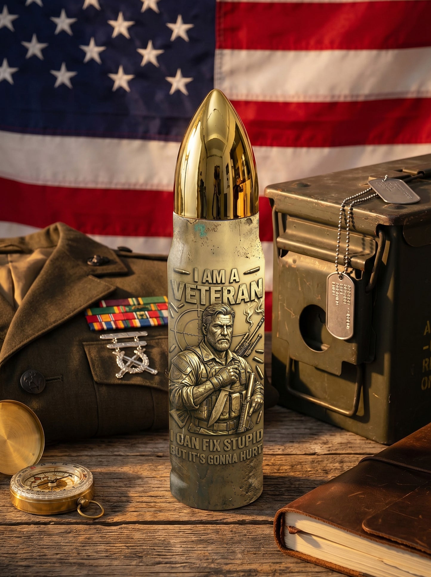Personalized Custom Photo US Veteran Insulated Vacuum Bullet Bottle