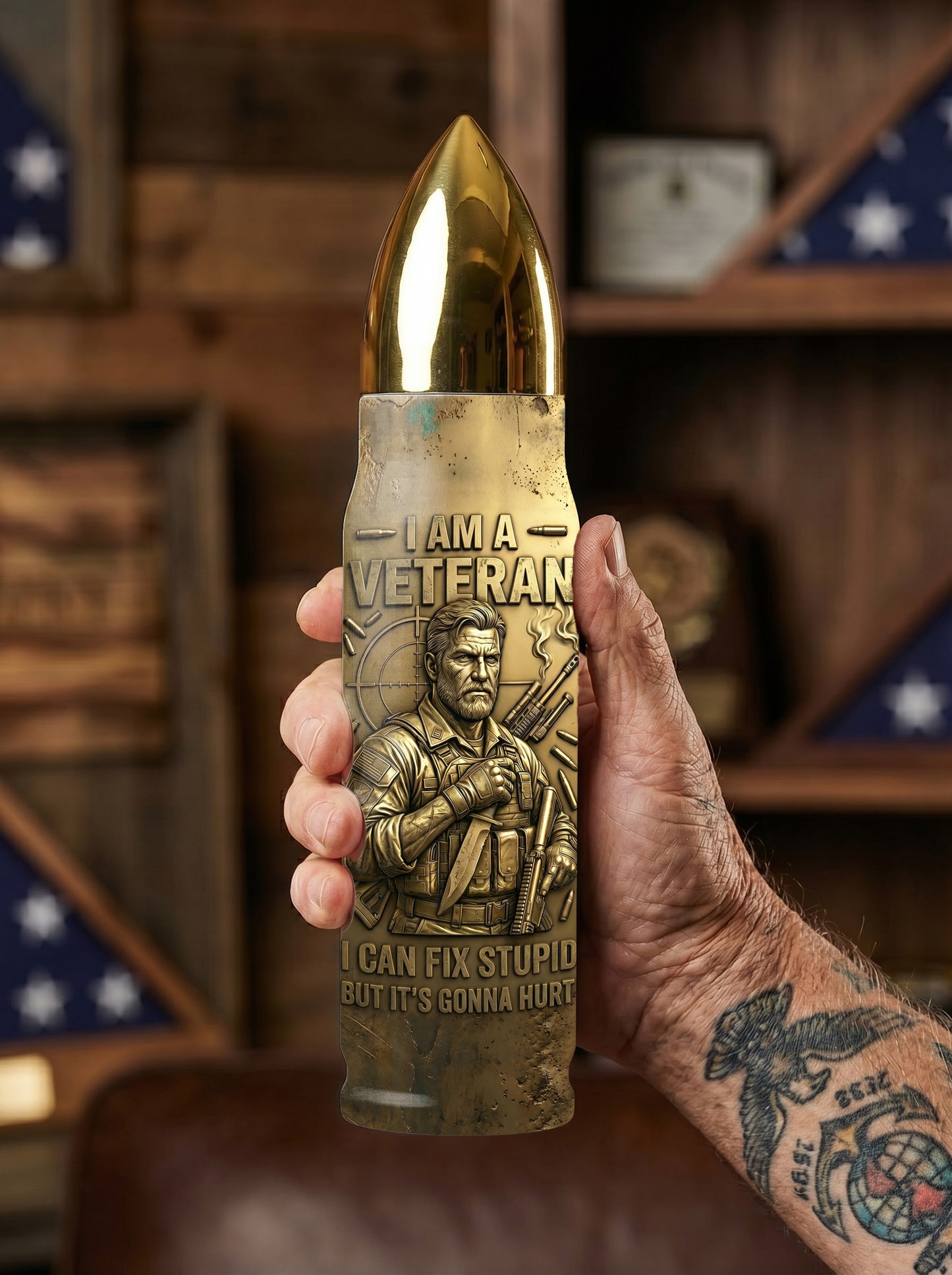 Personalized Custom Photo US Veteran Insulated Vacuum Bullet Bottle