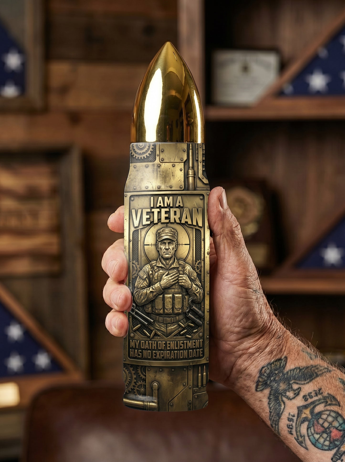 Personalized Custom Photo US Veteran Insulated Vacuum Bullet Bottle