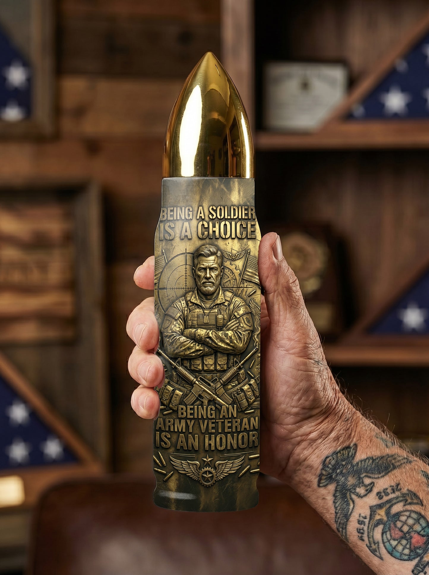 Personalized Custom Photo US Veteran Insulated Vacuum Bullet Bottle