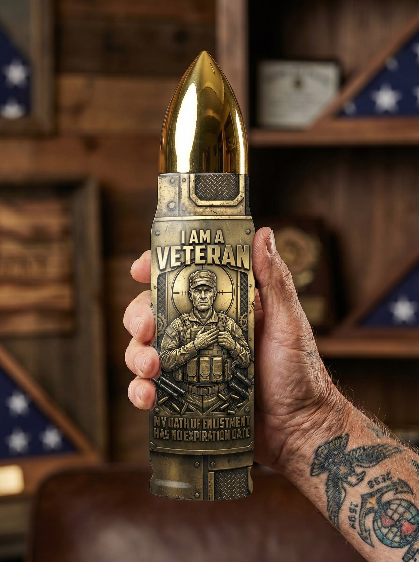 Personalized Custom Photo US Veteran Insulated Vacuum Bullet Bottle