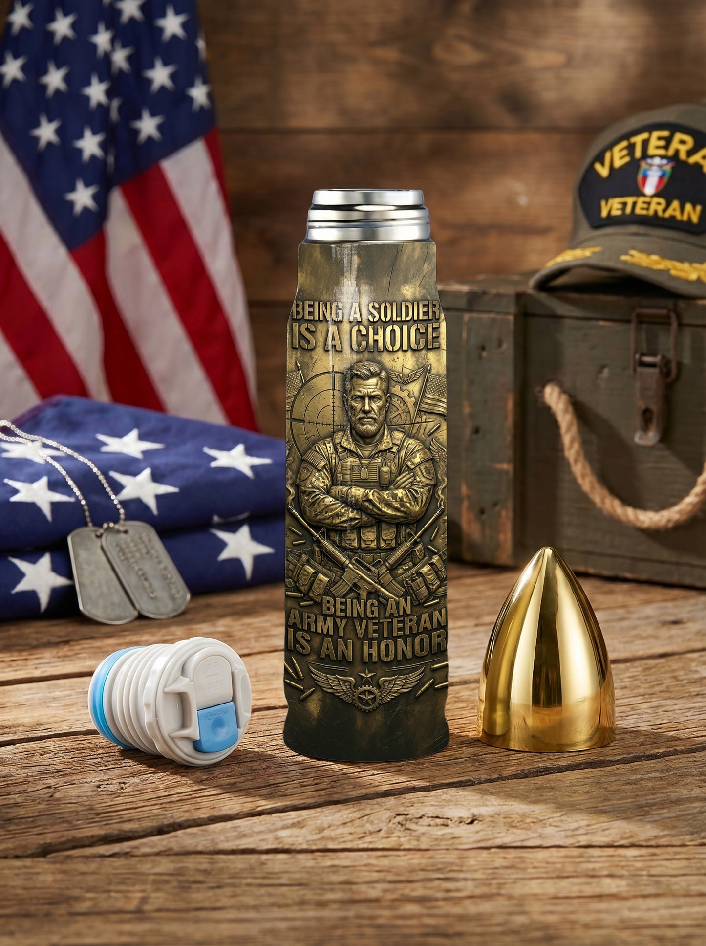 Personalized Custom Photo US Veteran Insulated Vacuum Bullet Bottle