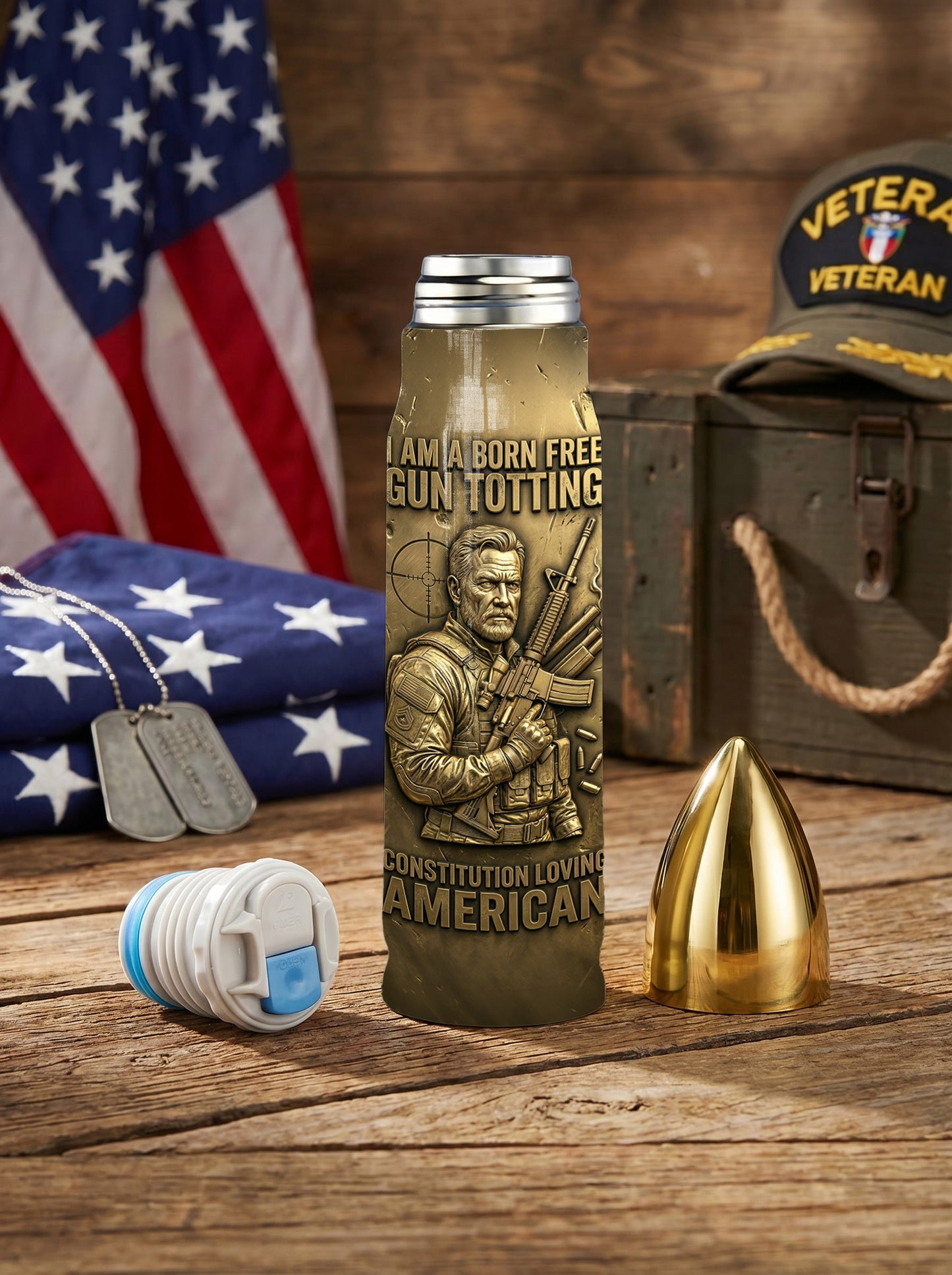 Personalized Custom Photo US Veteran Insulated Vacuum Bullet Bottle