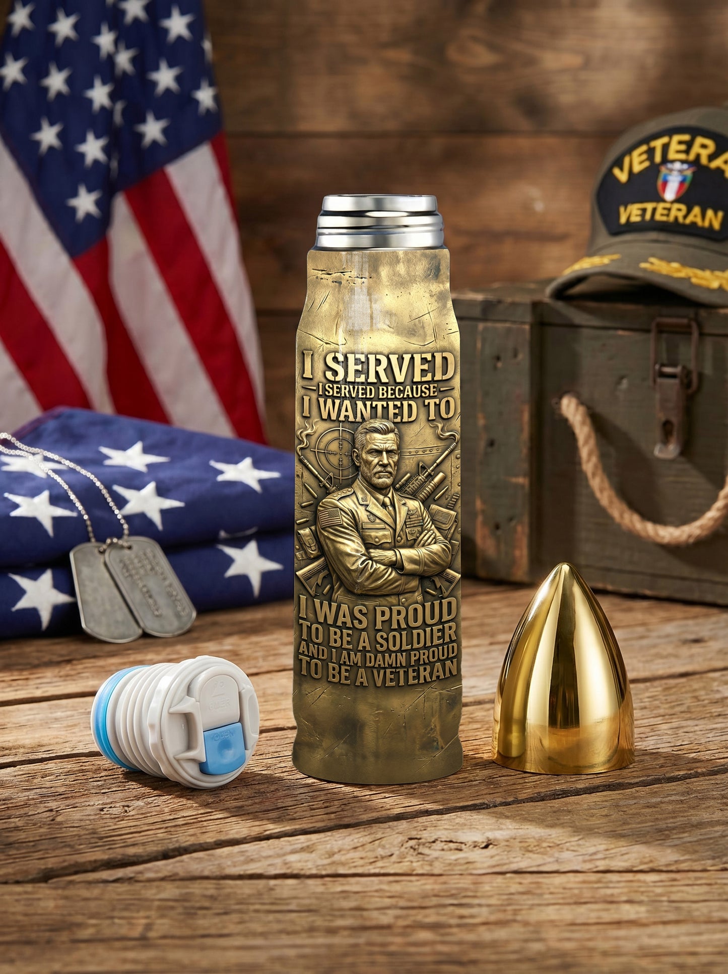 Personalized Custom Photo US Veteran Insulated Vacuum Bullet Bottle