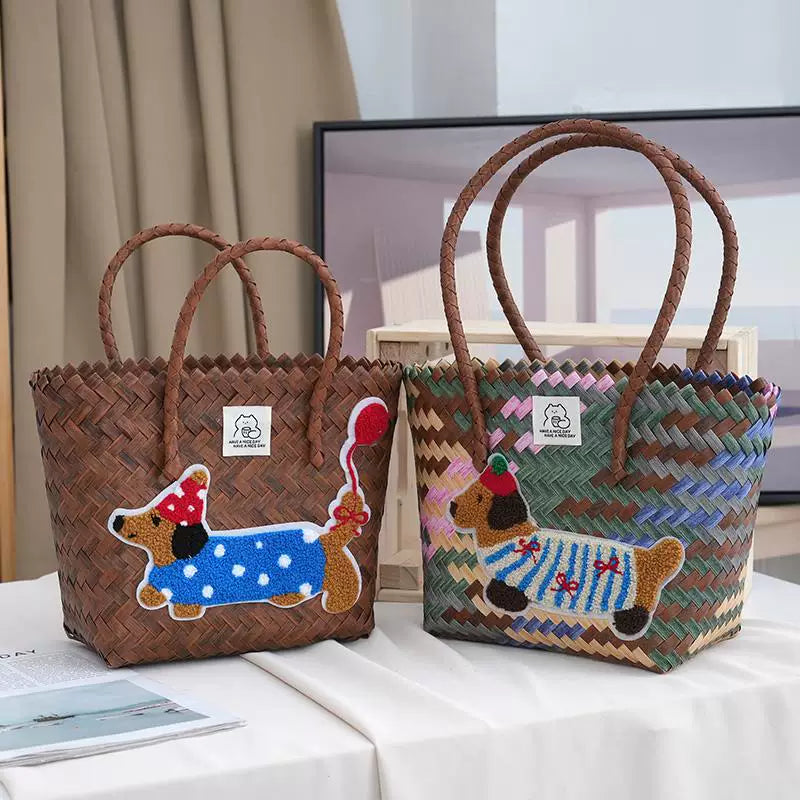 Bamboo Artisanal Tote | Dog Motif Picnic Bag with Bamboo Handles