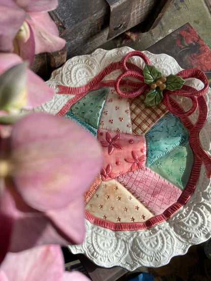 Holiday Patchwork Ceramic Plate | Festive Ribbon & Lace Dish