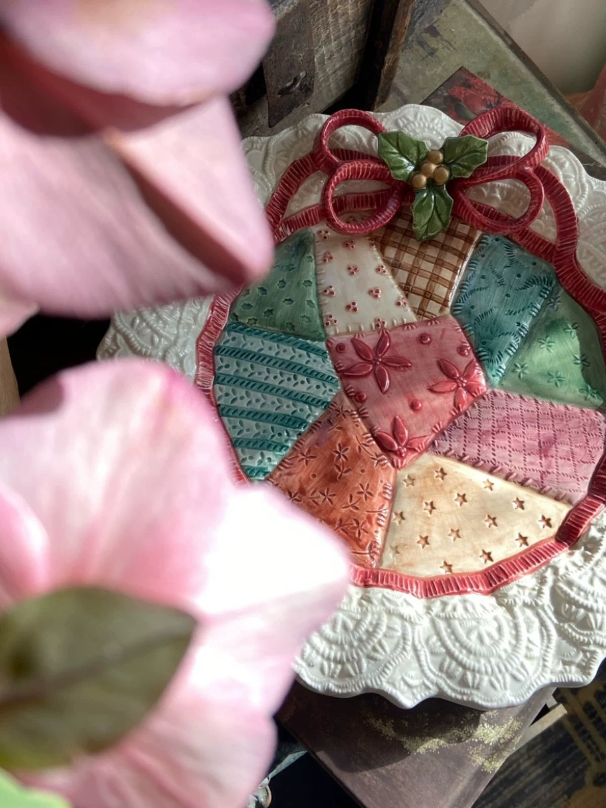 Holiday Patchwork Ceramic Plate | Festive Ribbon & Lace Dish