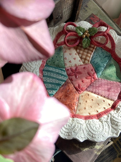 Holiday Patchwork Ceramic Plate | Festive Ribbon & Lace Dish