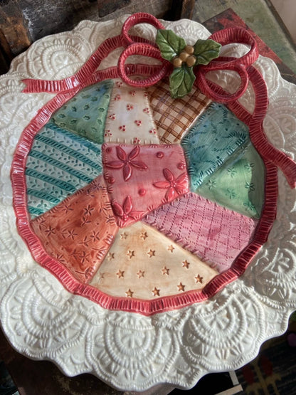 Holiday Patchwork Ceramic Plate | Festive Ribbon & Lace Dish