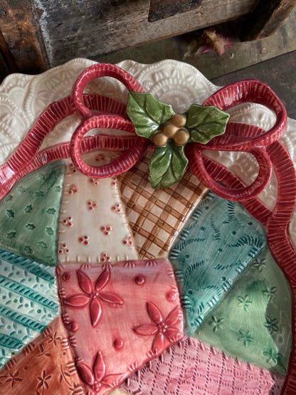 Holiday Patchwork Ceramic Plate | Festive Ribbon & Lace Dish